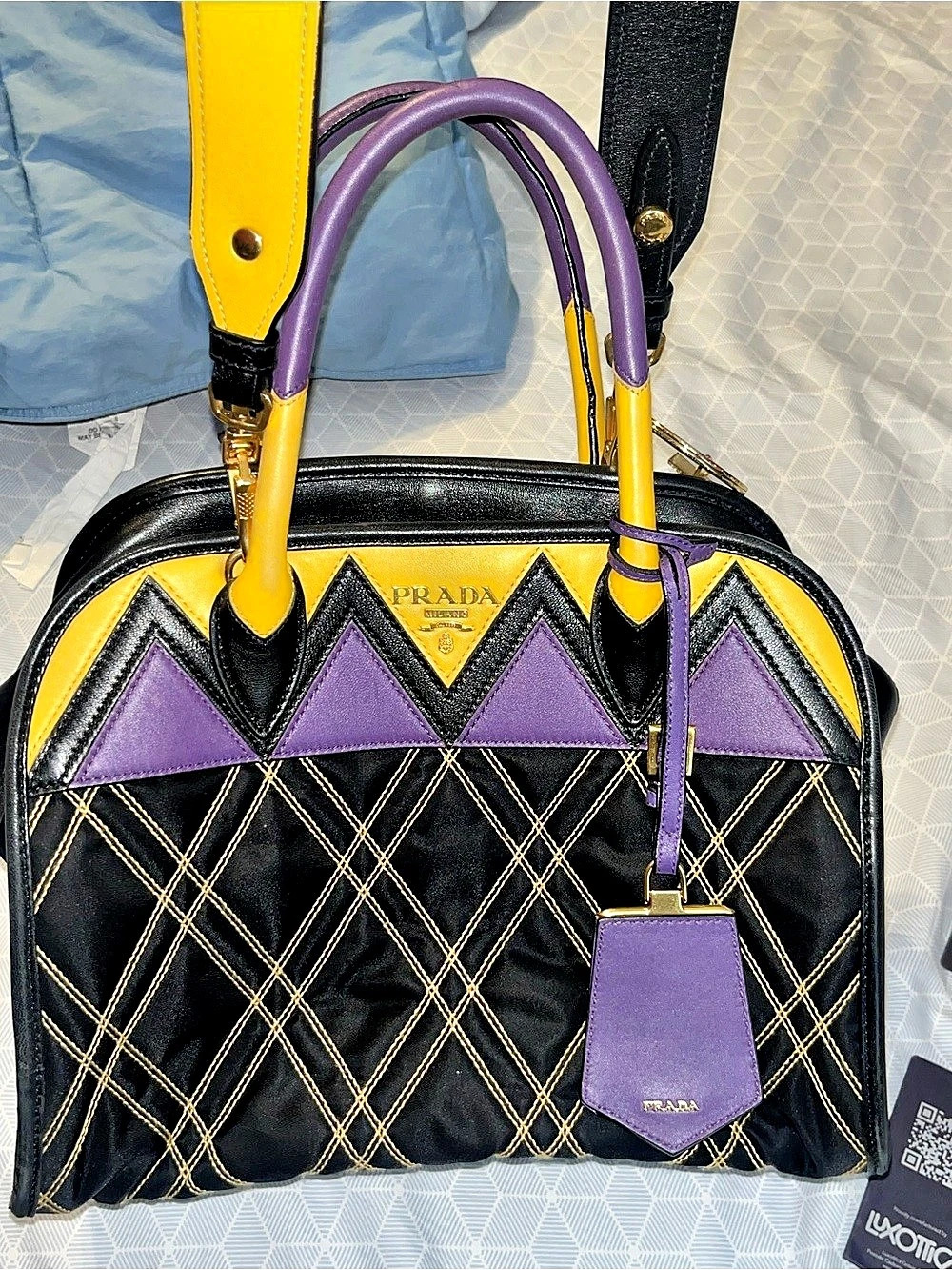 Prada Geometric Satchel in Black & Purple Excellent Preowned Condition.